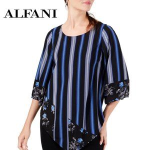 Alfani Black Blue Floral-Print Striped Blouse XL